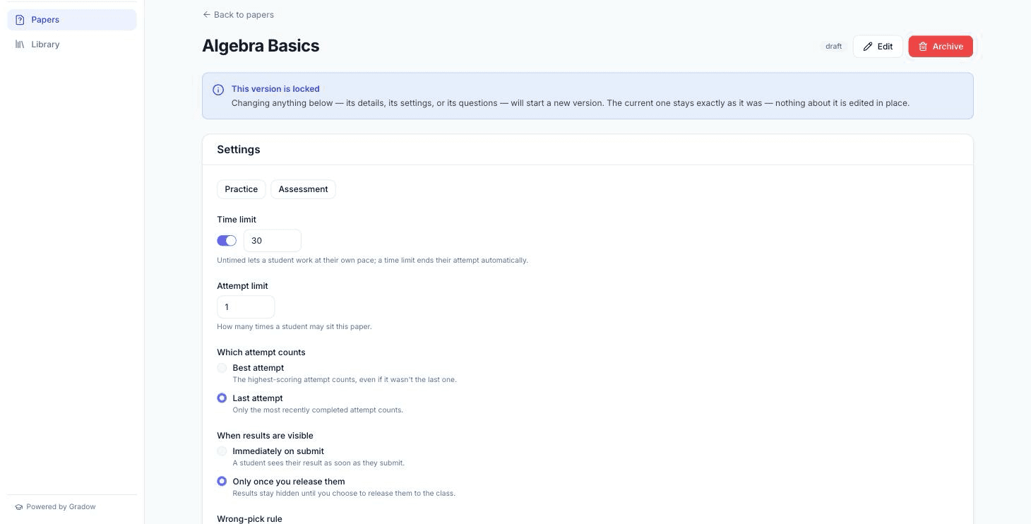 An exam paper's settings in Gradow — time limit, attempts allowed, and when results are released